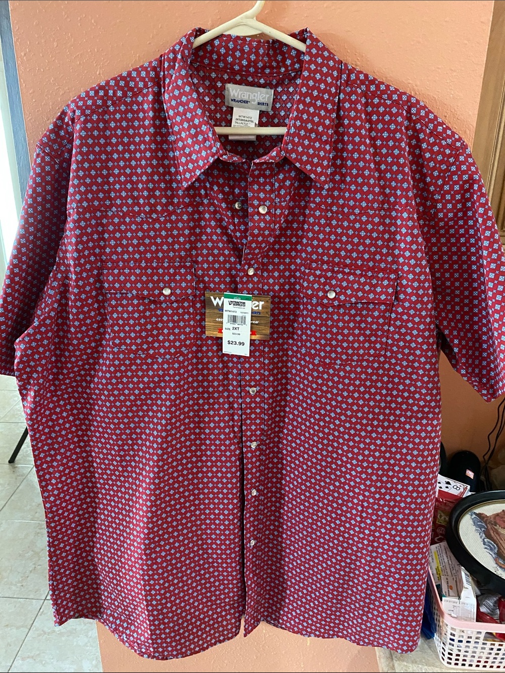 Wrangler Wrancher Mens 2XT NWT Red Geo Print Short Sleeve Western Snap Shirt TSC
